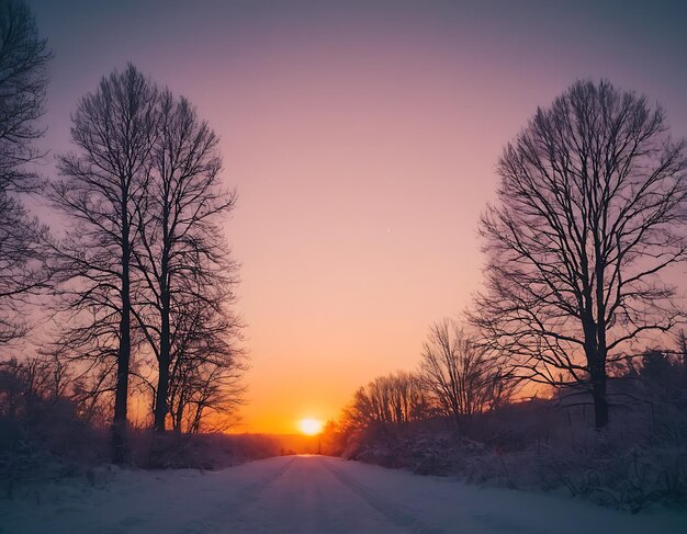 Photo a road with trees and a sunset in the background