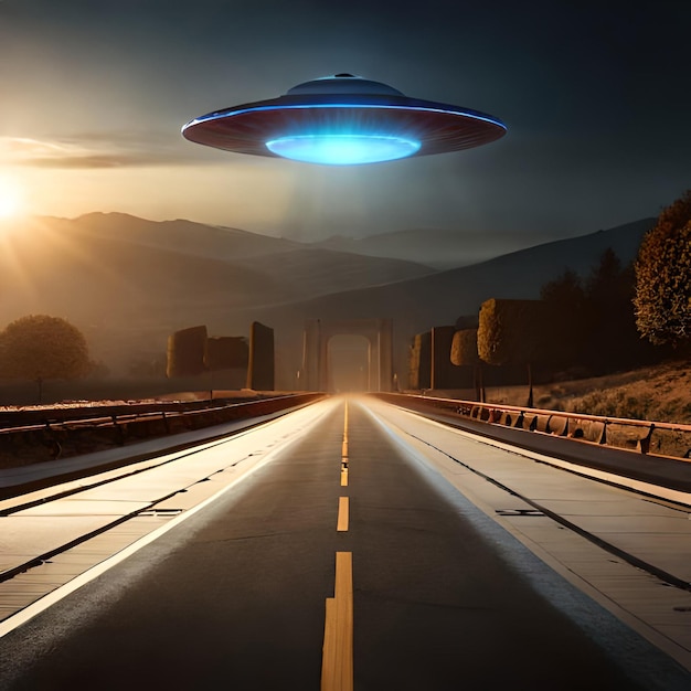 A road with a ufo flying over it and mountains in the background.