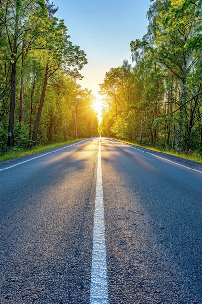 Photo a road with a white line down the middle and trees on either side