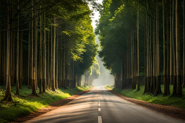 A road with a white line painted on it and the word tree on the right