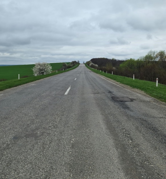 A road with white lines that say " i'm " on it.