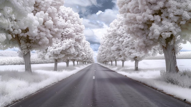 Photo road with white trees dense flowers and lush green grass beneath