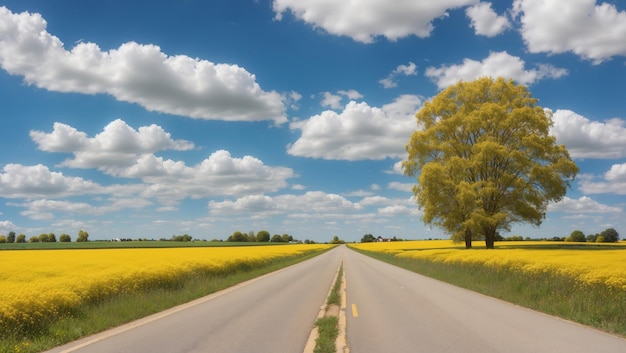 Photo a road with a yellow field and a tree on the right side