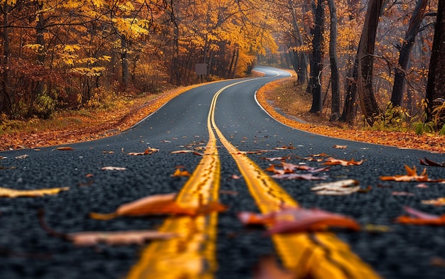 Photo a road with yellow lines and leaves that have fallen from the trees