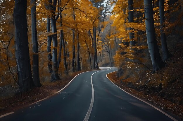 a road with a yellow tree on the left side