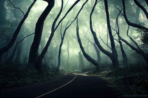 Photo a road in the woods with a forest in the background