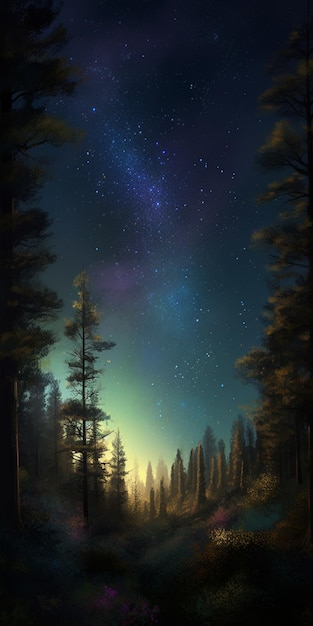 A road in the woods with a starry sky above it.