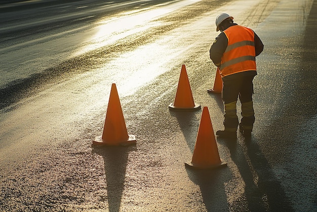 Road Worker Carefully Placing Orange Cones Along the Roadside