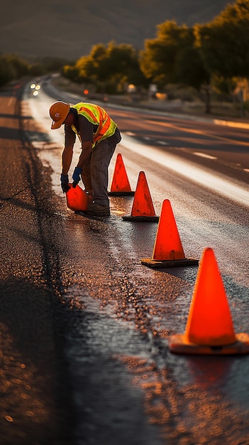 Road Worker Carefully Placing Orange Cones Along the Roadside