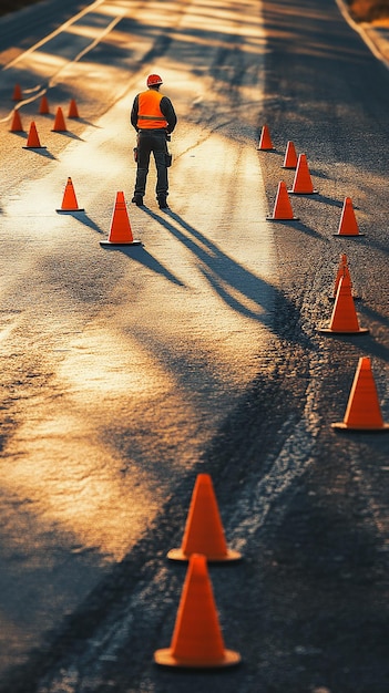 Road Worker Carefully Placing Orange Cones Along the Roadside