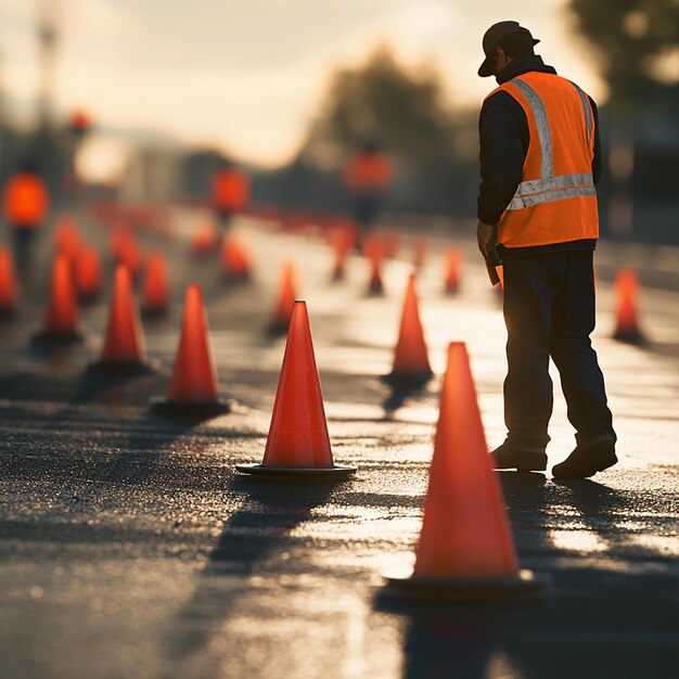 Road Worker Carefully Placing Orange Cones Along the Roadside