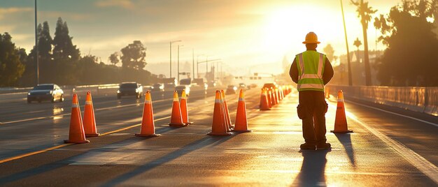 Road Worker Carefully Placing Orange Cones Along the Roadside