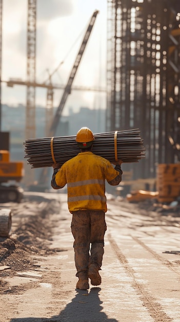 Photo road worker carrying large rebar bundle at construction site