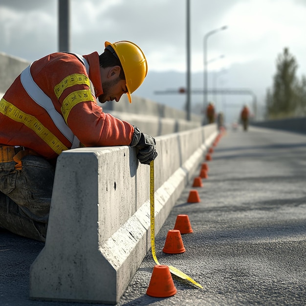 Photo road worker checking alignment of newly installed equipment