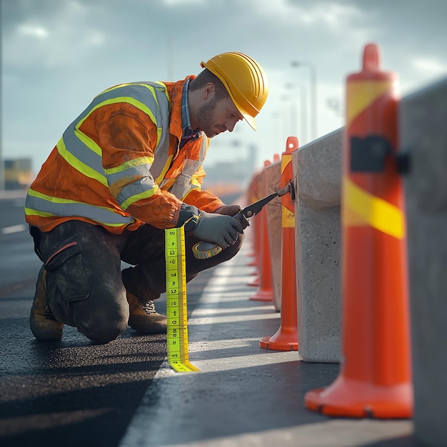 Photo road worker checking alignment of newly installed equipment