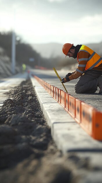 Road Worker Checking Alignment of Newly Installed Equipment