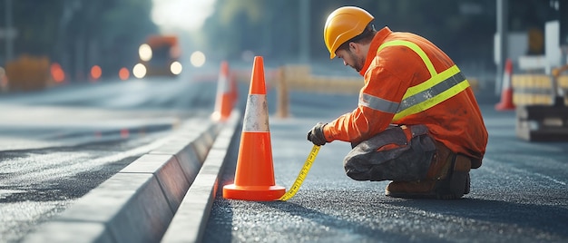 Road Worker Guiding Cement Paver on Construction Site