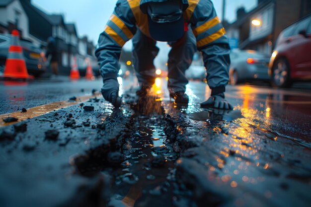 Road Worker Inspecting Asphalt During Street Maintenance at Dusk with Reflective Lights