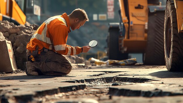 Photo road worker kneeling to examine crack in pavement