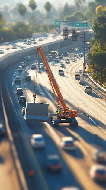 Road Worker Operating a Crane to Lift Large Concrete Blocks