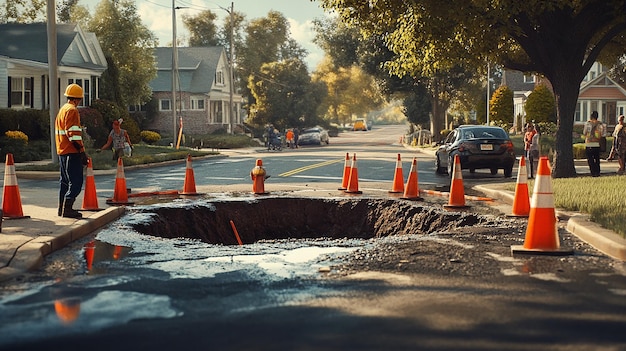 Road Worker Setting Up Safety Barriers and Orange Cones