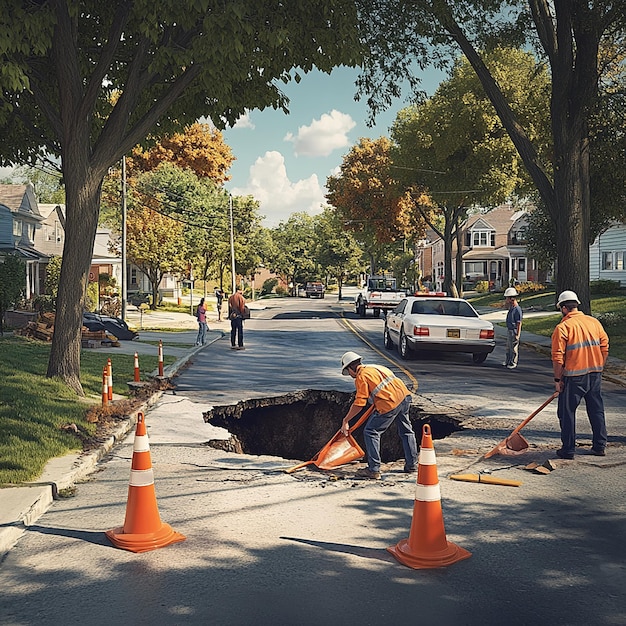 Road Worker Setting Up Safety Barriers and Orange Cones