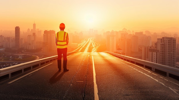 Photo road worker silhouette against artistic city golden hour background