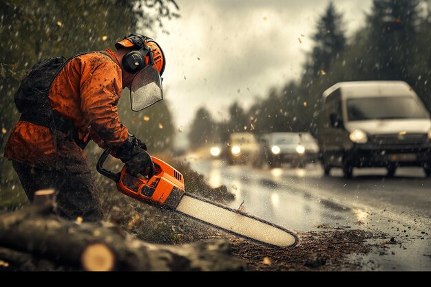 Photo road worker using chainsaw to cut through fallen tree