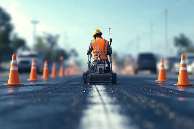 Road Worker Using Paint Machine to Mark New Road Lines