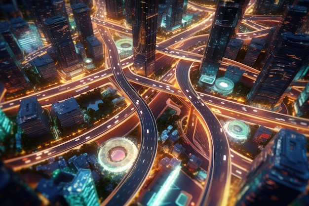 Roads in a futuristic city with autonomous vehicles Neon light cityscape background Generative AI