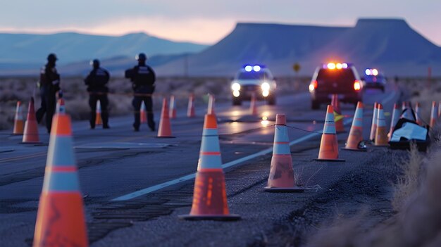 Photo roadside checkpoint with traffic cones and police officers ensuring highway patrol and travel safety