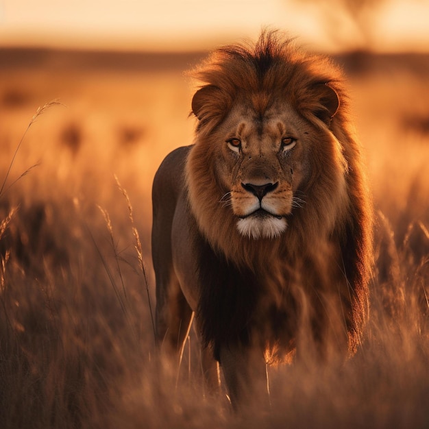 Roaming King A Majestic Lion in the Savanna at Sunset