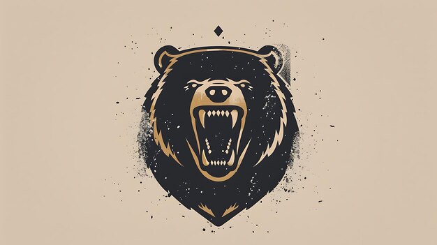 Photo a roaring bear head with gold detailing in a grunge style on a beige background