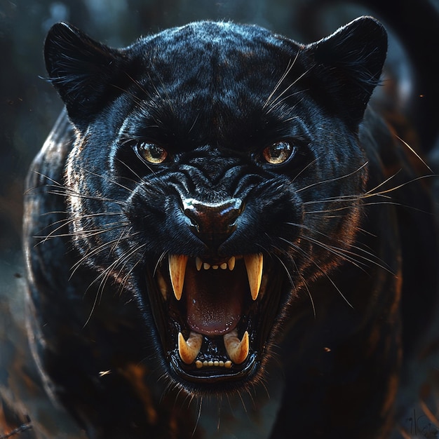 A Roaring black panther on black background