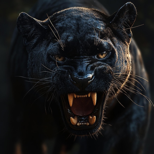 A Roaring black panther on black background