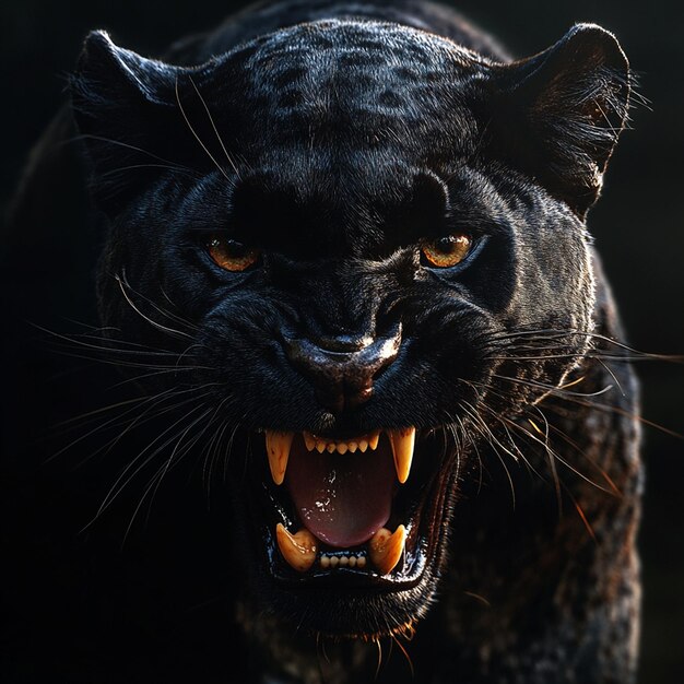 Photo a roaring black panther on black background