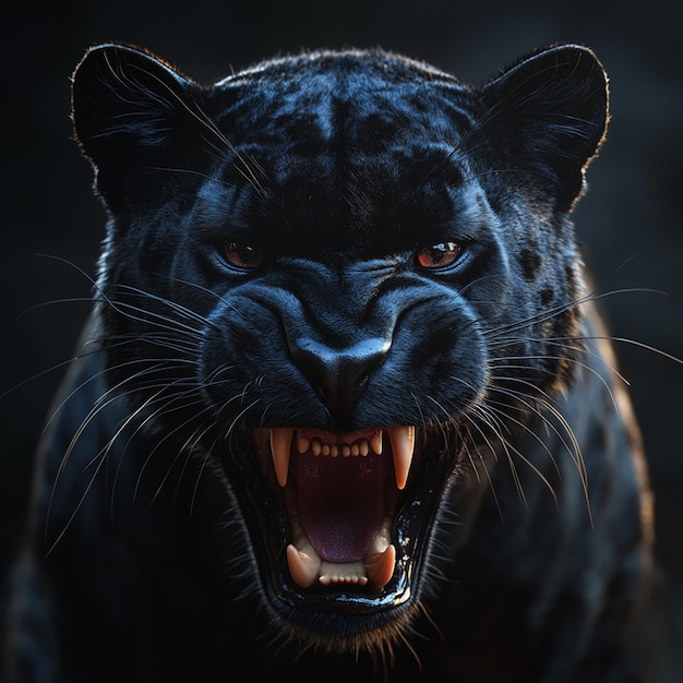 A Roaring black panther on black background