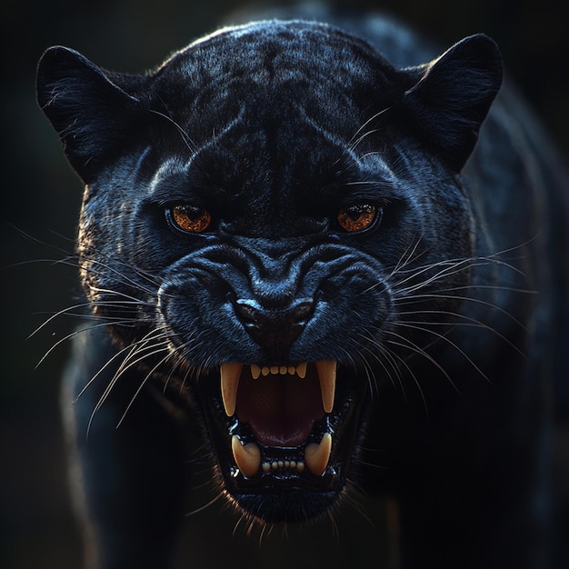 A Roaring black panther on black background