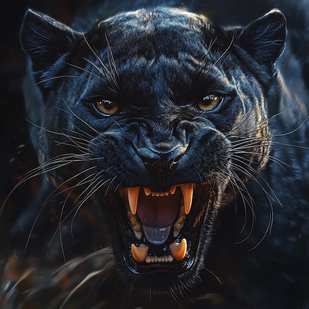 A Roaring black panther on black background