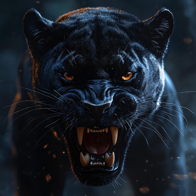 A Roaring black panther on black background