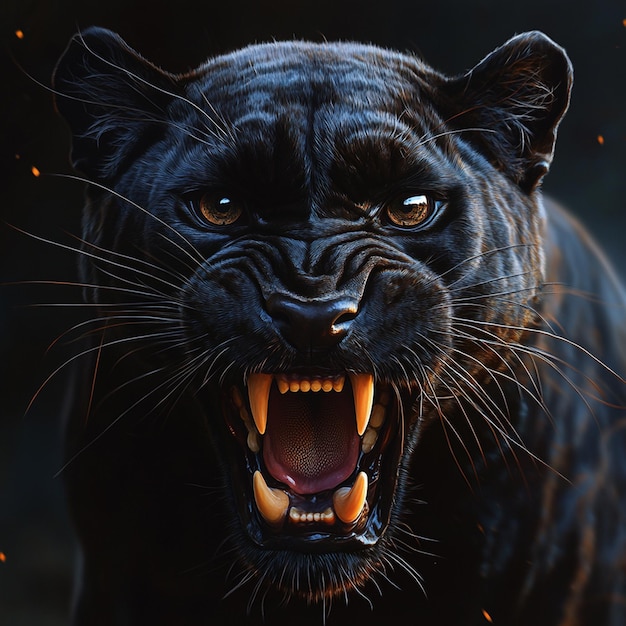 A Roaring black panther on black background