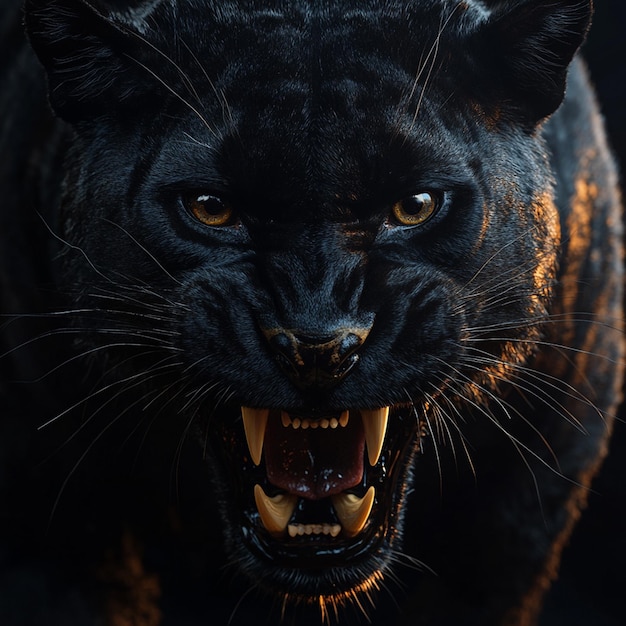 Photo a roaring black panther on black background