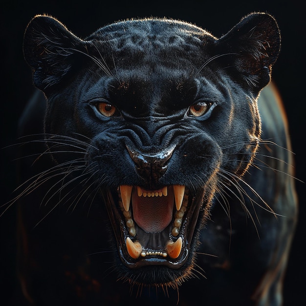 A Roaring black panther on black background