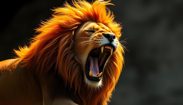 Roaring lion with a fiery mane in a dramatic setting isolated with white highlights