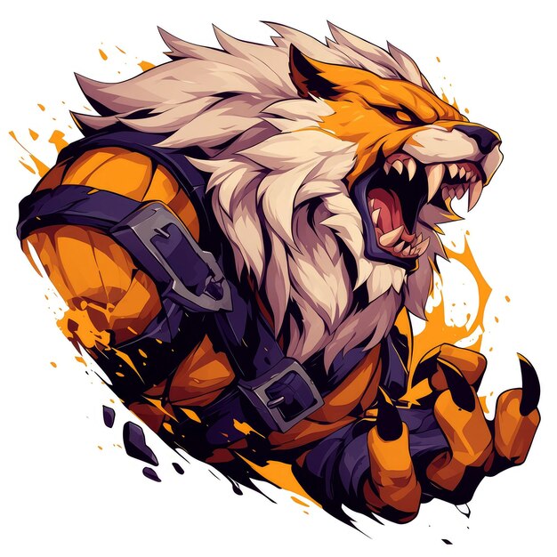 Roaring OrangeFurred Anthropomorphic Lion with Sharp Claws