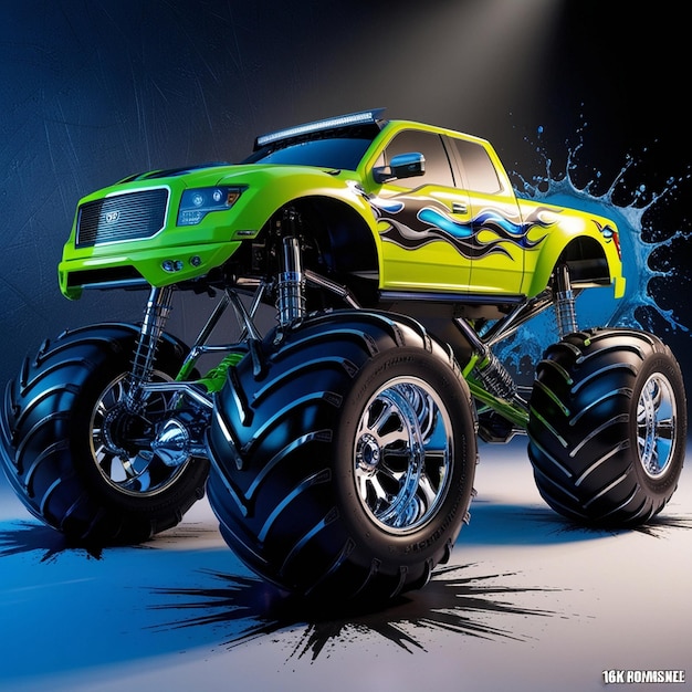 Photo roaring power a dynamic monster truck in neon red