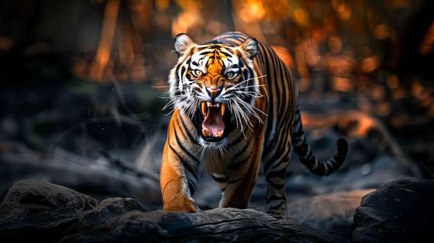 Photo a roaring tiger walking through a forest