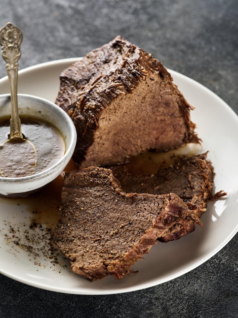 Roast beef beef stew sliced fried piece of beef with sauce on a plate