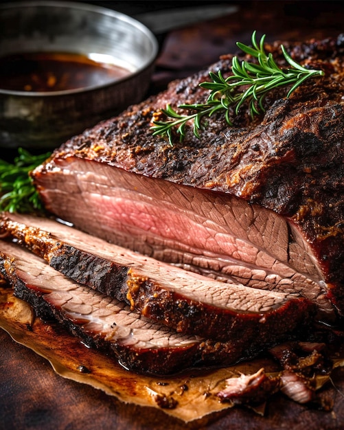 A roast beef is cut into slices and is on a table with a bowl of gravy.