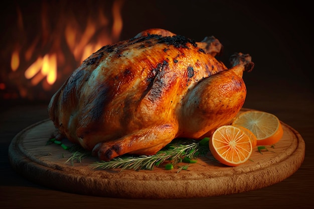 A roast chicken on a cutting board with a lemon on the side.